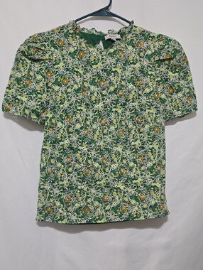 Avara Floral Ruffle Neck Puff Sleeve Blouse Top Green Yellow Medium
